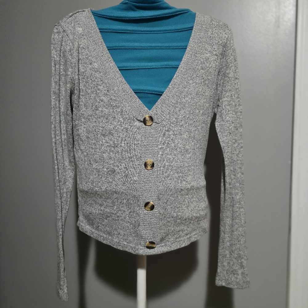 Poof apparel Grey Cardigan, With Faux buttons Size Medium